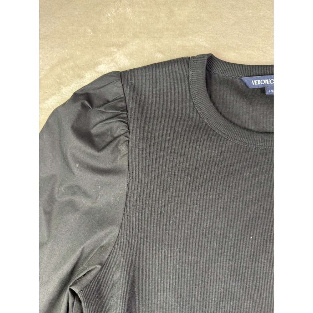 Veronica Beard Black Size Large Fersia Mixed Media Puff Sleeve Ribbed Top Blouse - Picture 8 of 13